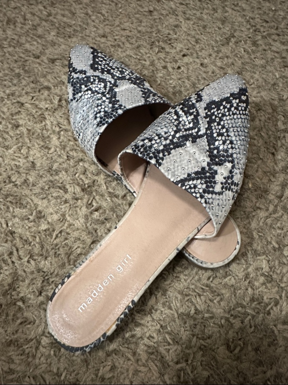 Madden Girl Black & Cream Snakeskin Pointed Slip-On Mules